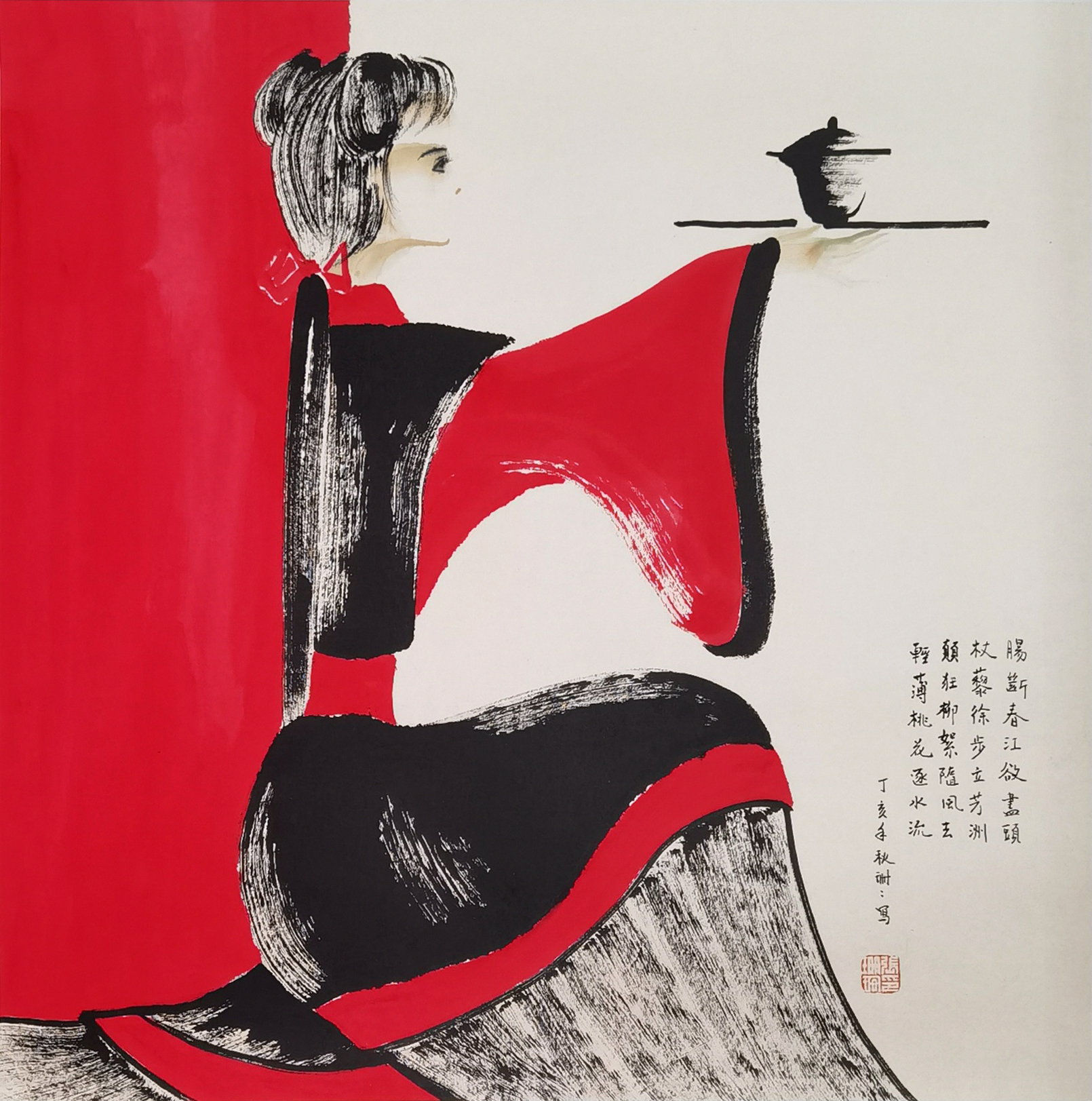 红楼小札-红与黑焦墨写意-袭人-画作者：张珊珊