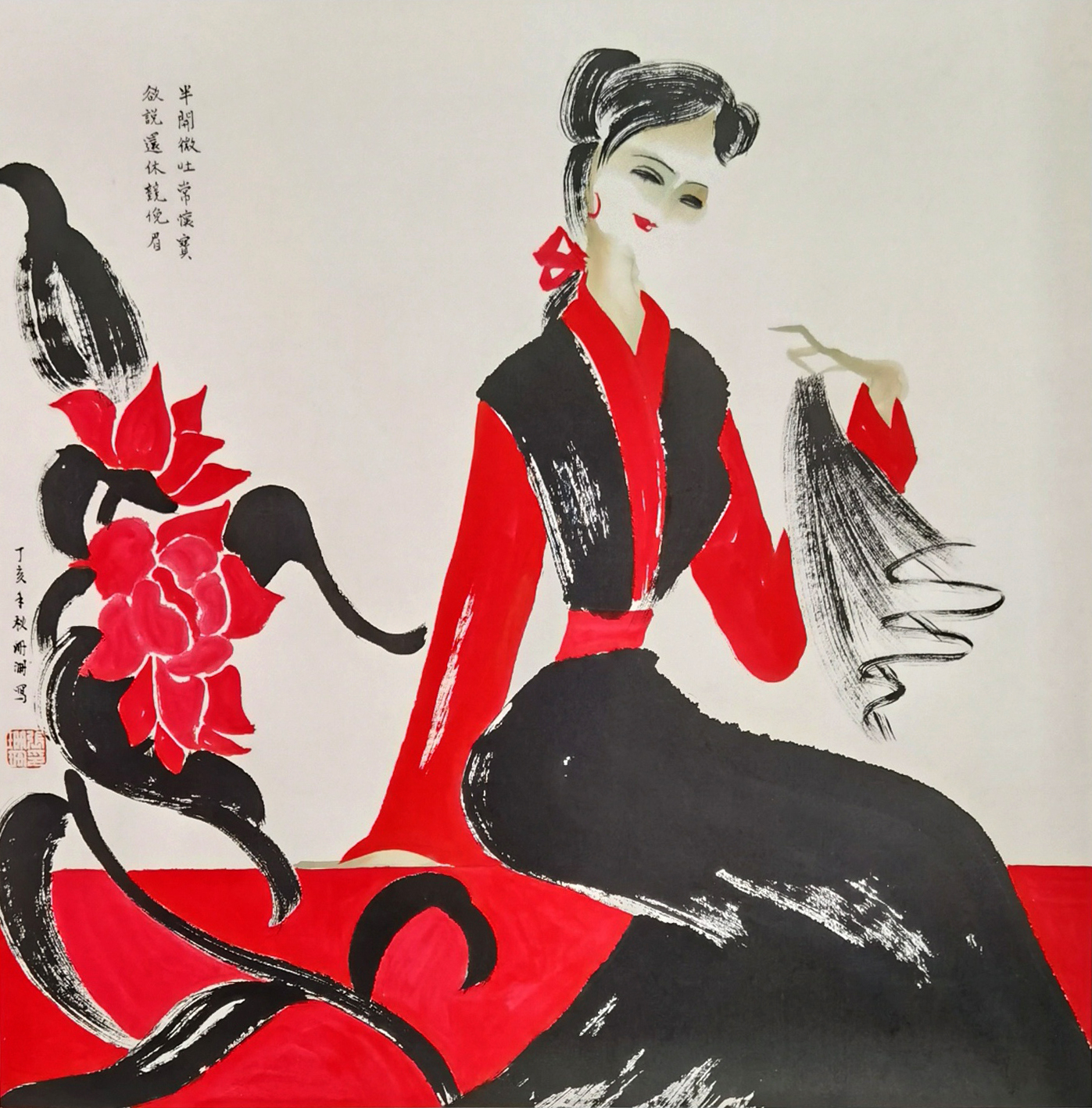 红楼小札-红与黑焦墨写意-小红-画作者：张珊珊